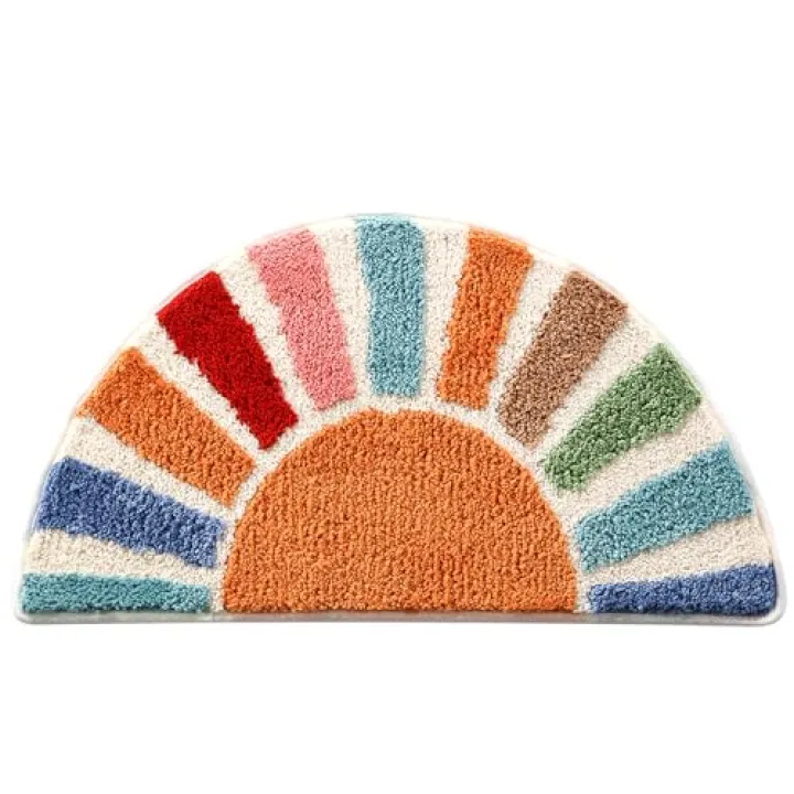 Moutina Boho Bathroom Rugs Cute Half Circle Bath Mat 16x30 Inch, Soft and Absorbent Tufted Bohemian Sun Bath Mat Non Slip Washable, Boho Bathroom Decor Rug Colorful Decorations