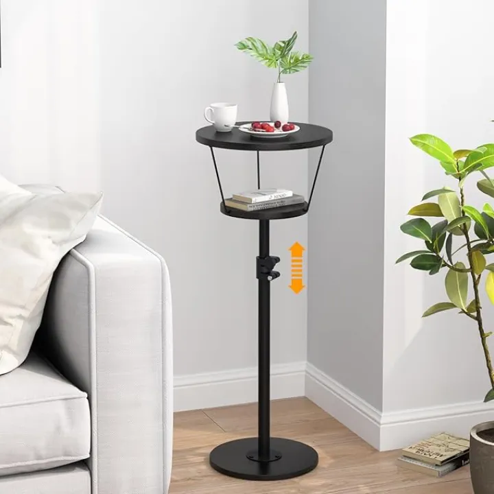 Small Side Table, 2 Tier Drink Table, Height Adjustable Round End Table, Pedestal Side Table for Small Spaces in Living Room, Bedroom, Black