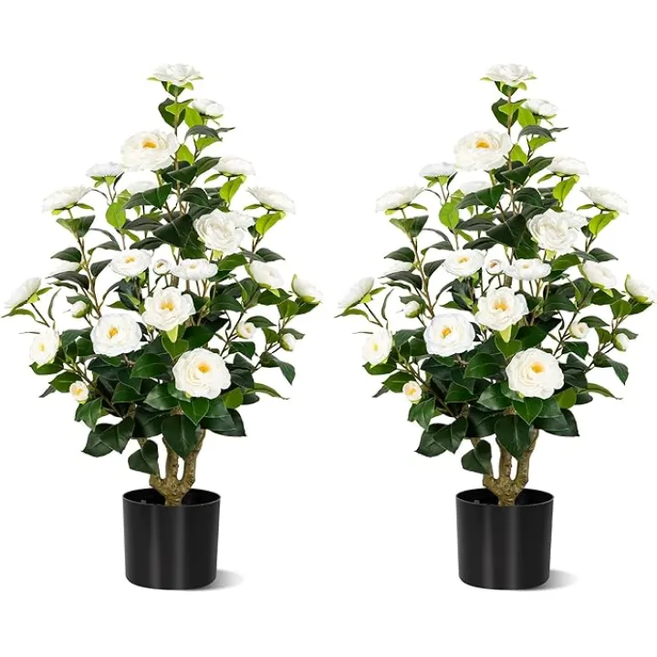 [2-Pack] 37’’ Artificial Camellia Tree with White Flowers, Faux Potted Plant for Indoor & Outdoor Decor, Lifelike Greenery for Home, Office, Porch, or Patio (White)