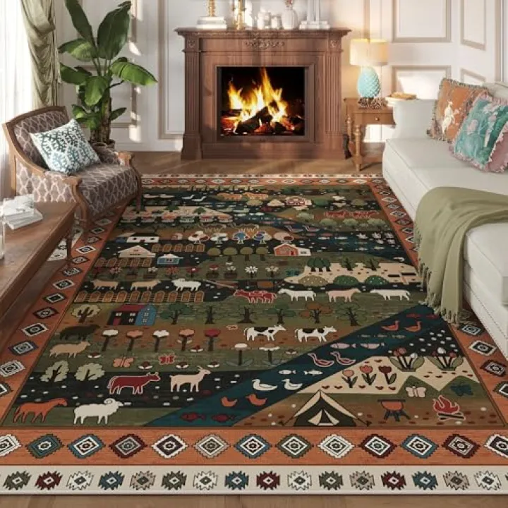 Vowkten Area Rugs 8x10 for Living Room Clearance Washable Nomadic Rug Non Slip Floral Animal Vintage Low Pile Large Rug for Bedroom, Farmhouse, Dining Room, Kids Playroom, Green