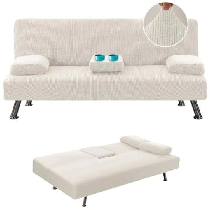 TDHLW Futon Cover Stretch 4 Pieces Futon Sofa Bed Cover Washable Futon Bed Cover Removable Armrests and Cupholders Covers,White