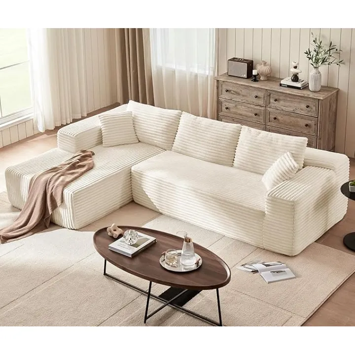 LINSY HOME Modular Sectional Sofa: 106'' Corduroy Cloud Couch L Shaped Sofas with Deep Seat Comfy Fluffy Plush Couches for Living Room Apartment, No Assembly Couch, Beige