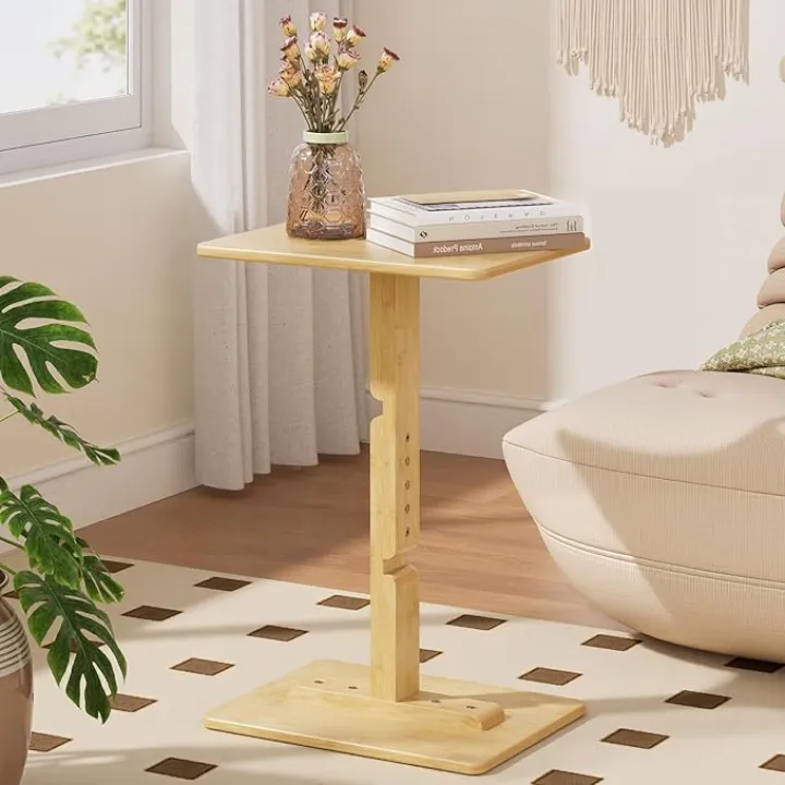Amazer Bamboo End Table, Height Adjustable Side Table for Couch, Small Drink Table for Small Places, Sofa Tray Table for Living Room, Bedroom Home Office, Natural Color