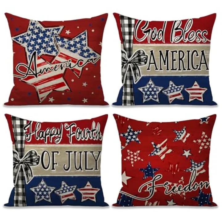 OPULANE Happy 4th of July Pillow Covers 18x18 Inch God Bless America Freedom USA Stars Stripes Bow Patriotic Independence Memorial Day Red Throw Pillow Cases for Sofa Couch Decorations Set of 4