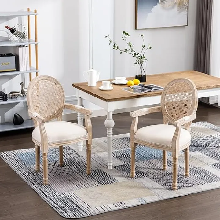Of 2 French Vintage Beige Armchair. Upholstered Fabric With Ventilated . 100% Durability. Comfortable Foam Padding. Rubberwood Frame. Country Style Weathered Armchairs. Cool Mesh Back. For Seating.