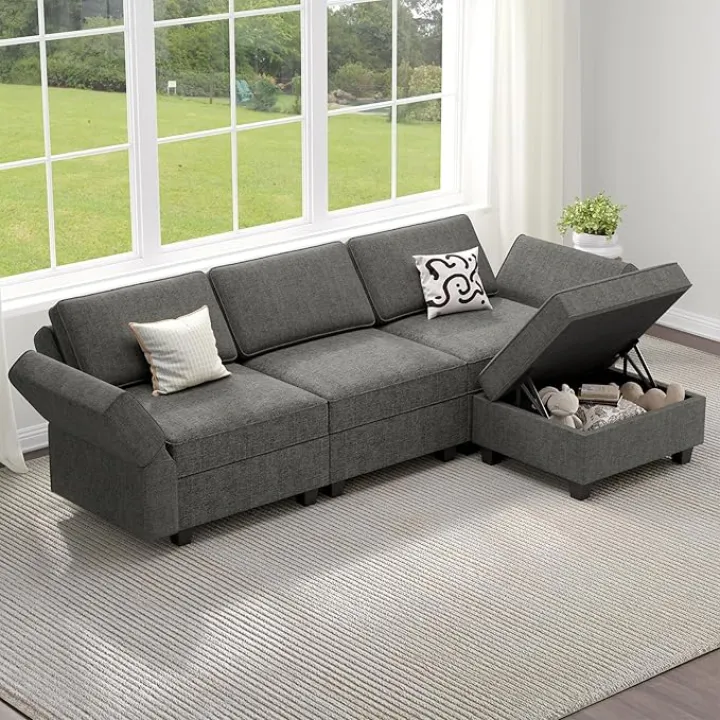 Modular Sectional Sofa 4 Pillows, Convertible 4 Seats Sectional Couch with Storage, Reversible 4 Seats Modular Sofa Couch for Living Room, Fabric & Soft Supportive, Dark Grey