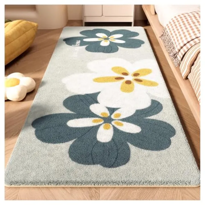 Ergocar Bedroom Carpet, Artificial Cashmere Fluffy Bedside Plush Non-Slip Floral Home Decoration Suitable for Bathroom, Kitchen, Bedroom, Home Decoration