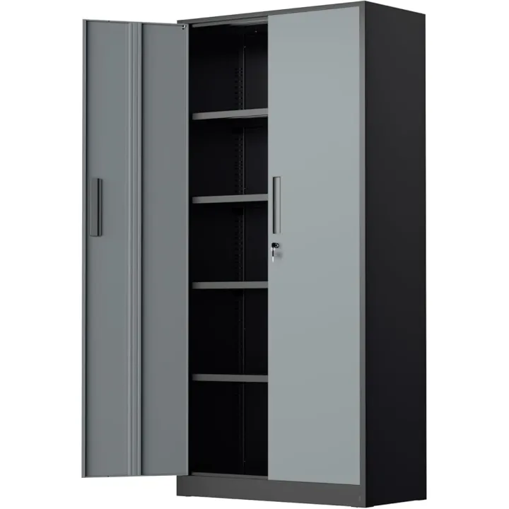 Bonusall 72" Metal Garage Storage Cabinet， Heavy-Duty Steel Cabinet with 2 Locking Doors & 5 Adjustable Shelves for Home, Office, or Workshop Organization(Black Grey)