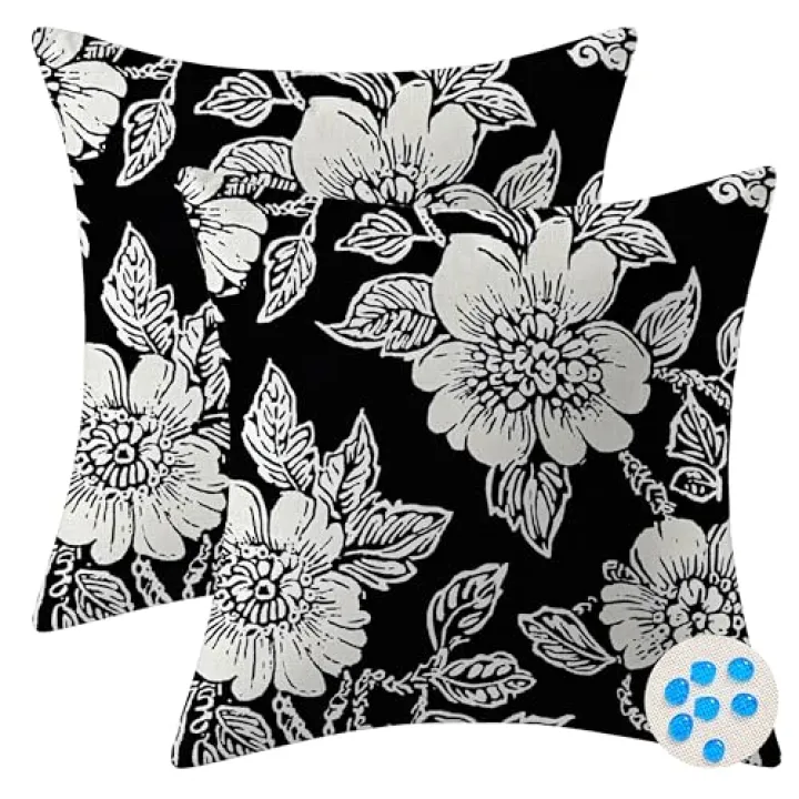 mellicoma Waterproof Outdoor Pillow Covers 18x18 Pack of 2 Black White Floral Print Throw Spring Outdoor Pillows for Garden Funiture Patio Home