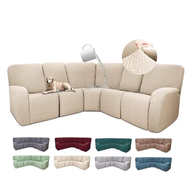 ROFASVCO 100% Waterproof Sectional Recliner Couch Covers for Reclining Couch L Shaped Corner Sectional Sofa Cover Jacquard Stretch L Shape Recliner Slipcovers (5 Seater Cover, Beige)