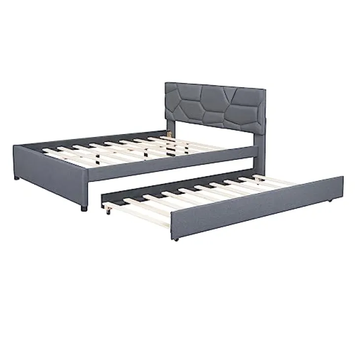FEMICON Queen Size Upholstered Platform Bed for Cozy Comfort, Stylish Brick Pattern Headboard, Gray with Twin XL Trundle