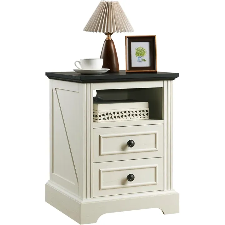 Nightstand with Charging Station, Side Table with 2 Drawers and Open Storage, 18" Retro Bedside Table, End Table for Bedroom, Living Room, Antique White