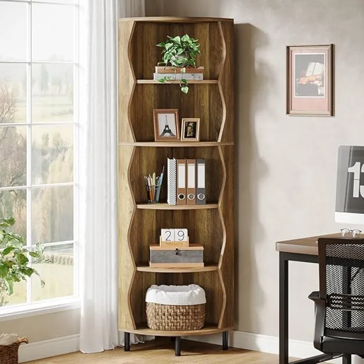 Tribesigns 5-Tier Corner Shelf, 71.5-Inch Tall Corner Bookshelf, Stylish Wood Bookcase Display Shelf Storage Rack Plant Stand for Small Space, Living Room, Bedroom, Kitchen, Rustic Brown