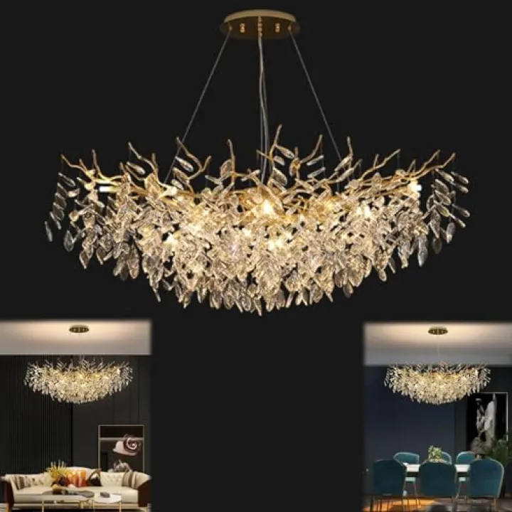 Recessed Lighting Modern Tree Branch Crystal Chandelier Gold Three-Level Dimming LED Pendant Light Raindrop Luxury Crystal Linear Large Foyer Chandelier Ceiling for Living Room Dining Room Hotels(120c