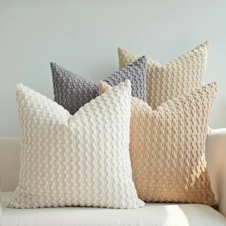 JOJUSIS Pack of 4 Neutral Decorative Throw Pillow Covers Farmhouse Boho Home Decor Striped Corduroy Square Pillowcases 18 x 18 Inch