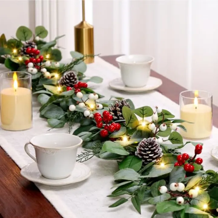 9FT Prelit Christmas Garland with Lights, Multi-Color Lights/Battery Operated/Timer, Lighted Artificial Eucalyptus Christmas Garland for Mantle Table Stairs Railing Xmas Indoor Outdoor Decorations