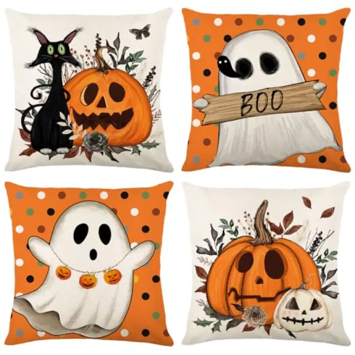 MAZSHTTD Halloween Pillow Covers 16 x 16 Inch Set of 4 Orange Polka Dots Pumpkins Boo Black Cat Ghost Throw Pillow Covers Indoor Outdoor Decorative Pillow Case for Sofa Couch Bed Living Room Decor