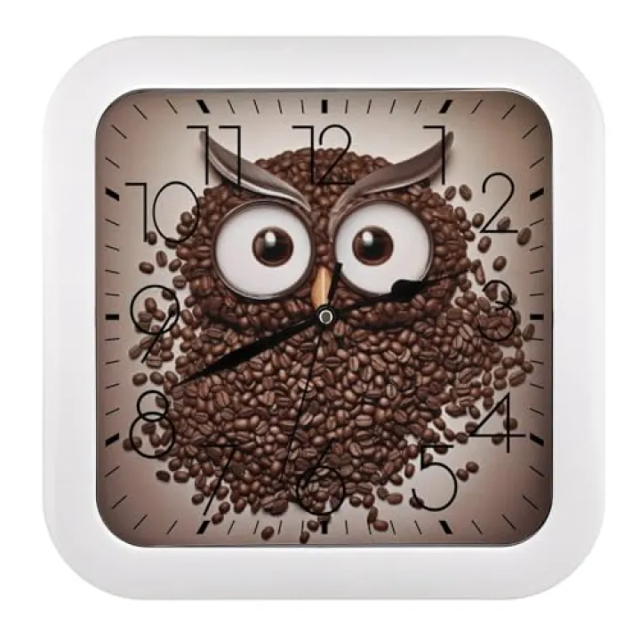 QMKFWT Coffee Bean Owl Clock Square Non-Ticking Silent Wall Clock Battery Operated Decorative Plastic Clock for Home, Office, Living Room, Bed Room