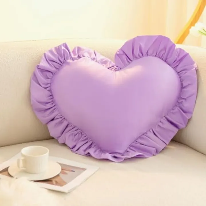 Jiuqianli Heart Pillow,Velvet Ruffed Love Bow Heart Shaped Throw Pillows Home Decoration Cushion for Sofa Bed Living Room (Purple)