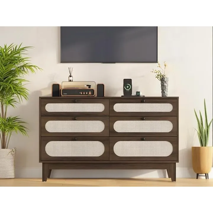 6 Drawer Dresser with Power Outlet Rattan Dresser for Bedroom,Natural Modern Closet with Wooden Handles and Wooden Legs, Equipped with Anti-Tip Kits,Walnut