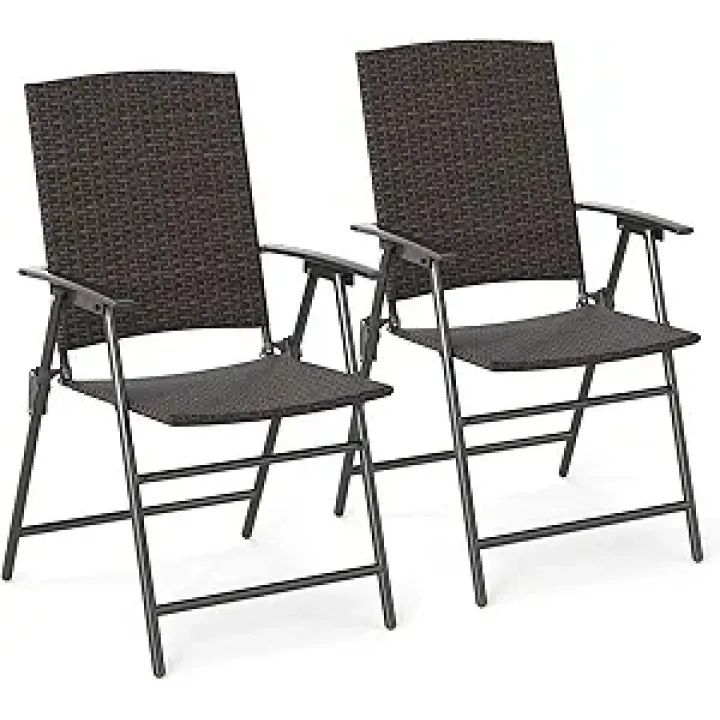 Tangkula Outdoor Folding Chairs Set of 2, Patio PE Wicker Dining Chairs with Armrests and Metal Frame, Portable Lawn Chairs for Garden, Porch, Balcony and Camping, Fully Assembled (1, Mix Brown)