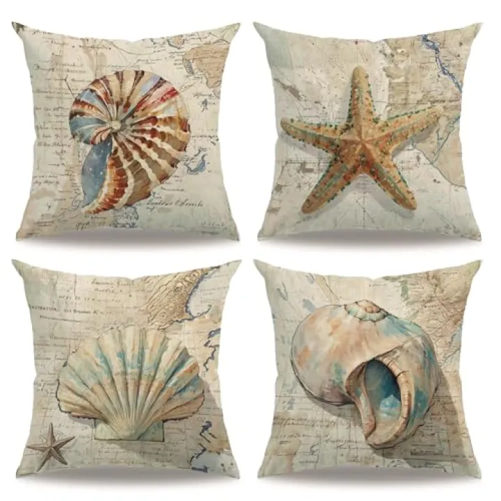 7COLORROOM Nautical Throw Pillow Covers 18 x 18 inches,Vintage Map Background Seashell Starfish Cushion Cases Beach Sea Style Design Home 4Pack Pillowcases for Patio Couch Sofa (Yellow)