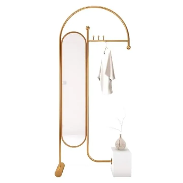 ZzleoyuUUs-12 Mirror Full Length Coat Rack Floor-Standing Bedroom with Dressing Mirror Integrated Clothes Hanger Door Vertical Home Room Decor(Gold)