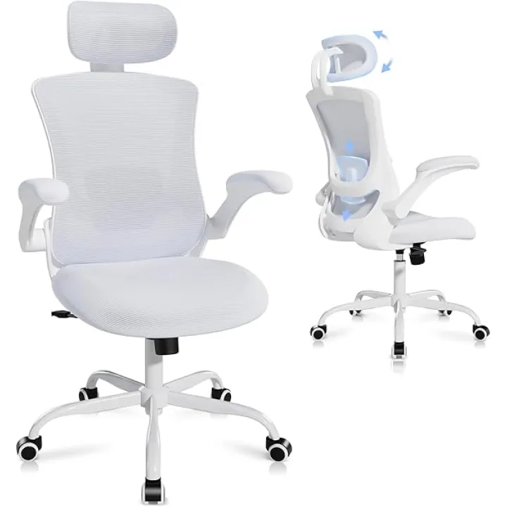 Ergonomic Office Chair with Adjustable Lumbar Support & Headrest – High Back Mesh Desk Chair with Flip-Up Armrests, Swivel Rolling Computer Chair for Home Office, Breathable & BIFMA Certified, Black