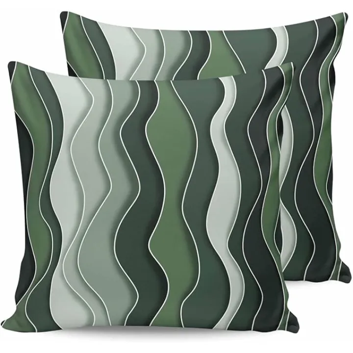 Outdoor Throw Pillow Covers Waterproof Pillow Cases 16x16in Sage Green Gradient Waves Decorative Pillow Covers Cushion Cases for Couch Sofa Patio Garden 2 Pack Abstract Geometric Lines