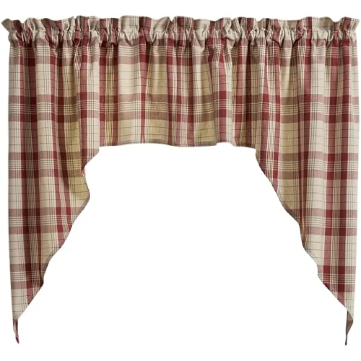 Park Designs Hawthorne Swags Pair 72" x 36", Tan and Red Country Farmhouse Style Window Valances, Washable Plaid Light Filtering Window Dressings, Rustic Curtains for Home Decor