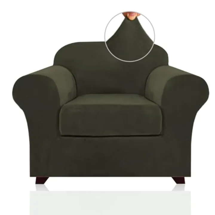 PrinceDeco Velvet Plush Couch Cover Stretch 2 Piece Chair Cover Chair Slipcover Washable Furniture Protector Couch Soft with Elastic Bottom Armchair Cover Width Up to 49 Inch(Small, Olive)