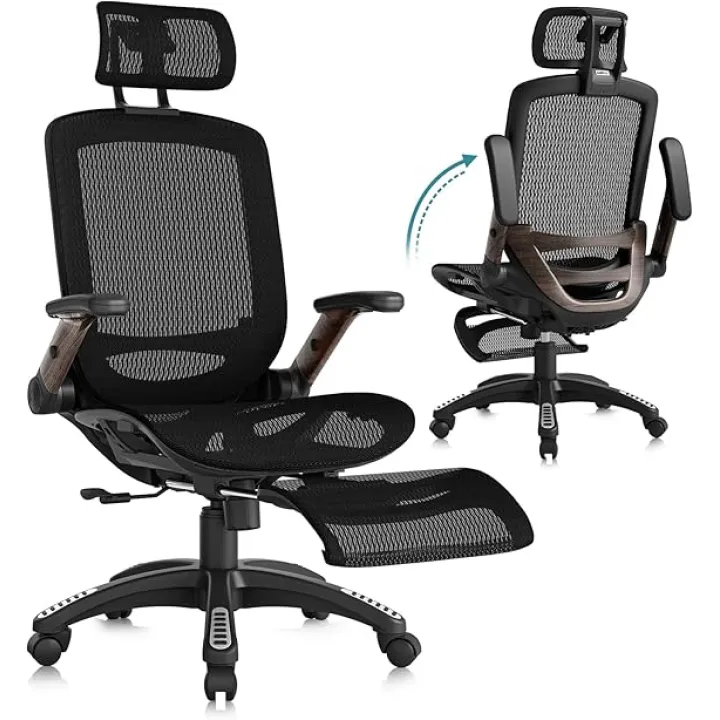 GABRYLLY Ergonomic Office Chair with Footrest, High Back Mesh Computer Chair with Flip-Up Arm, 3D Headrest, 135° Reclining, Rolling Gaming Task Chair with Wide Seat Lumbar Support,400LBS