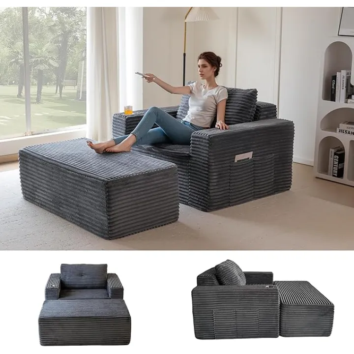 MAXYOYO Oversized Chaise Lounge Chair Sofa, Comfy Lounge Sofa Couch with Ottoman, Boneless Chaise with 3 Pillows, Modern Deep Seat Sleeper Chair for Living Room, No Assembly, Dark Grey
