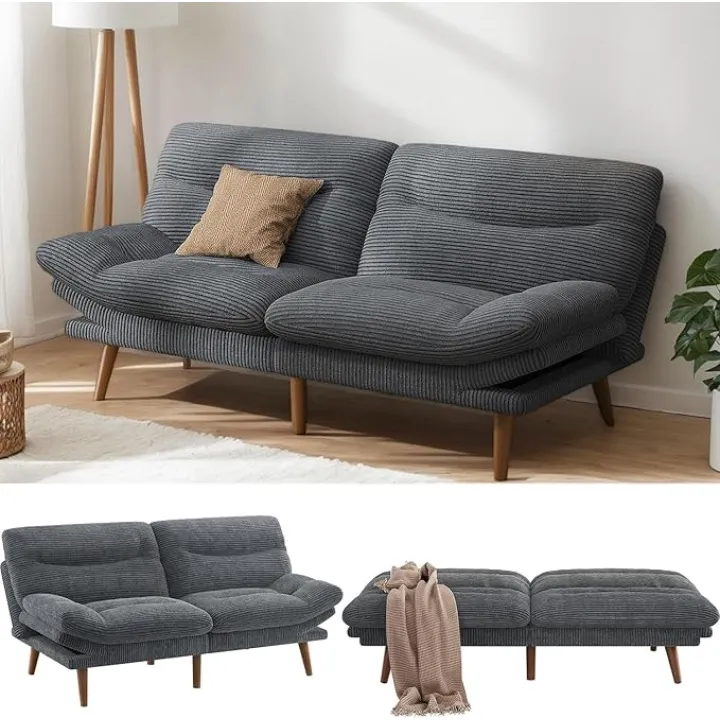 PERLECARE Futon Sofa Bed, 73″ Corduroy Futon Couch with Adjustable Backrest & Armrests, Vintage Couch for Small Spaces, Living Room or Apartment, Office, Grey