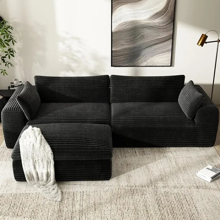 110'' Black Sectional Couches for Living Room with Double Layer, Oversized 4 Seater Boneless L Shaped Cloud Couch Plush Corduroy Sofa, No Assembly Modular Sectional Sofa Bed with Ottoman