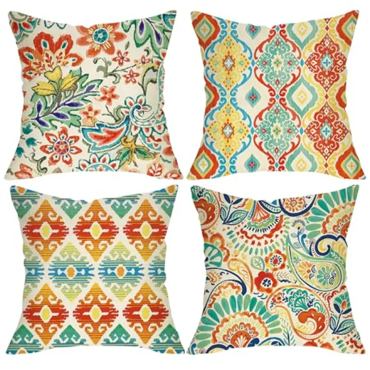 Fjfz Colorful Paisley Decorative Throw Pillow Covers 18 x 18 Set of 4, Boho Floral Modern Geometric Porch Outdoor Home Decor, Bohemian Ethnic Flower Sofa Couch Cushion Case