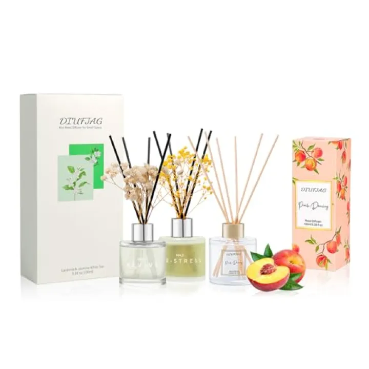 Jasmine White Tea Gardenia Bathroom Diffuser and Peach 100ml Reed Diffuser