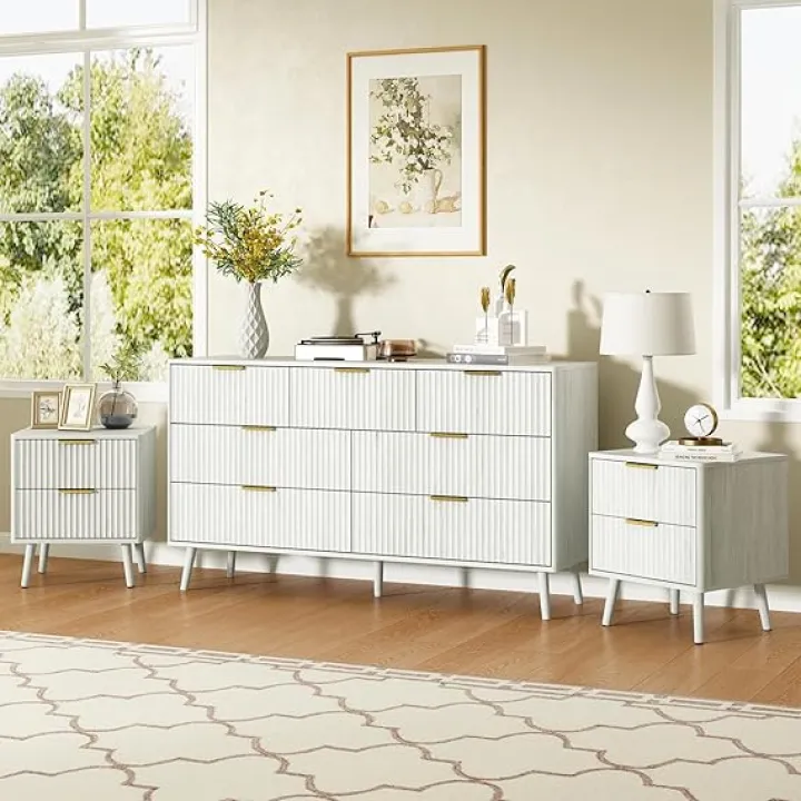 CARPETNAL White Fluted Dresser and 2 Drawer Nightstand 3 Piece Set for Bedroom, 1 X White and Gold 7 Drawer Dresser, Nightstand Set of 2 with Gold Handle