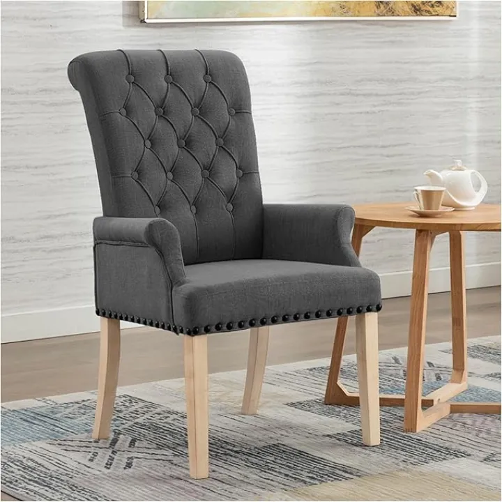Upholstered Fabric Accent Dining Chair, Arm Dining Chair with Elegant Tufted Club for Dining Room Kitchen Room, Dark Grey