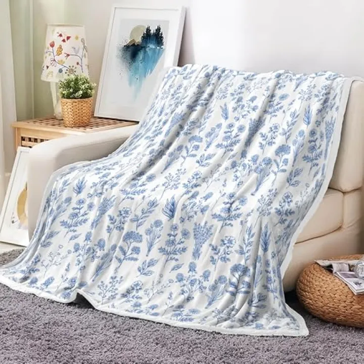 Floral Fuzzy Blanket Blue Floral Throw Blanket, Botanical Flowers Blankets, Soft, Flannel, Warm, Boho Flowers Bed Blankets All Season for Couch Bedroom Living Room 50X60 Inch