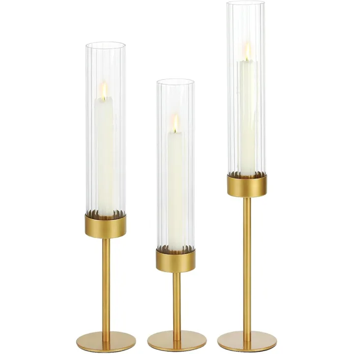 Gold Metal Base Glass Hurricane Candle Holders Set (3pcs)-Taper Candle Stick Holders for Candlesticks Holder Decor, Elegant Dining Table Centerpiece for Wedding, Christmas & Home Decor-Ribbed Glass