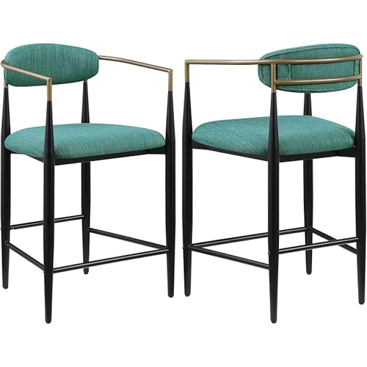 Benjara Tiara Counter Height Chair Set of 2, Metal 25 Inch, Teal Green, Gold and Black