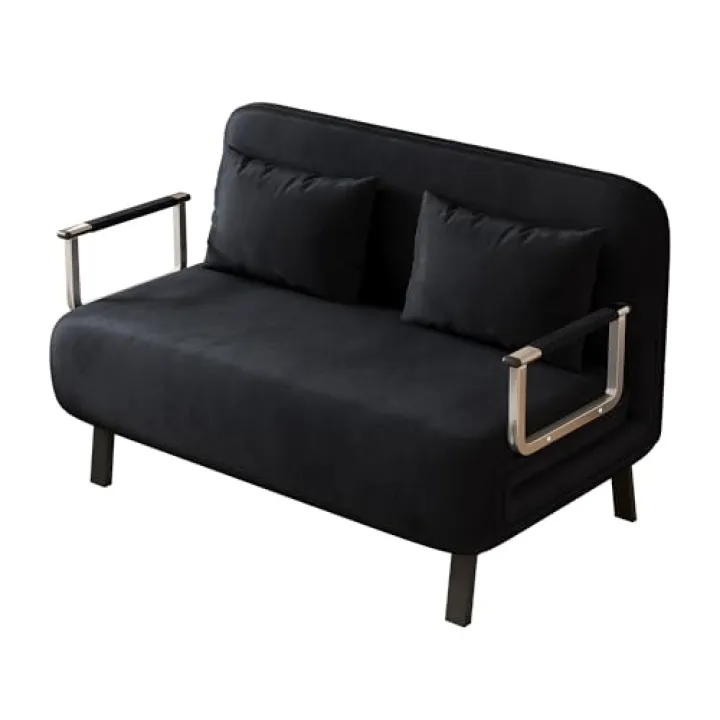 39″Convertible Black Futon ,Velvet Mini Couch with Adjustable Backrest and Pillow, Foldable Lounge Sofa with Steel Frame for Bedroom, Living Room, Outside, Small Places, Office, Easy Installation