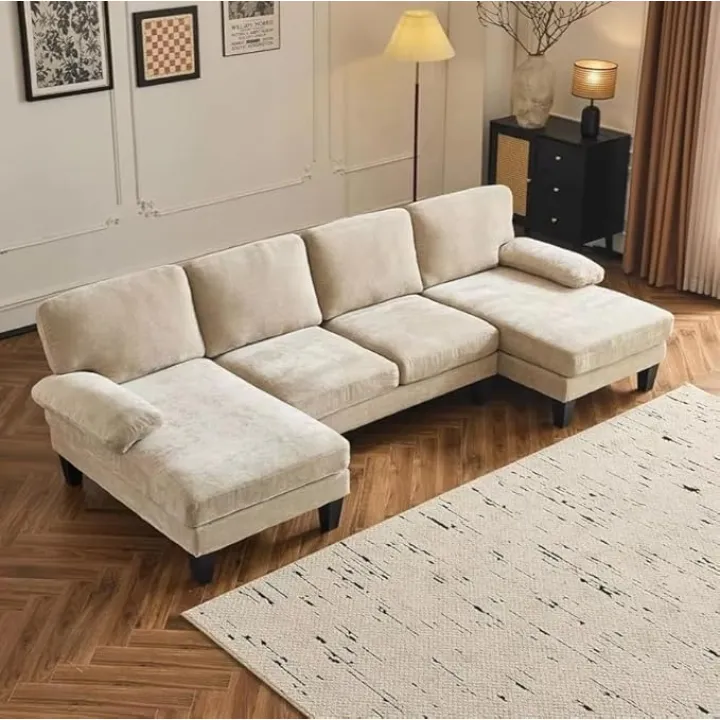 U Shaped Sectional Couch 4 Seat Sofa Set Chenille Fabric Living Room Furniture with Chaise Comfortable Easy Assembly