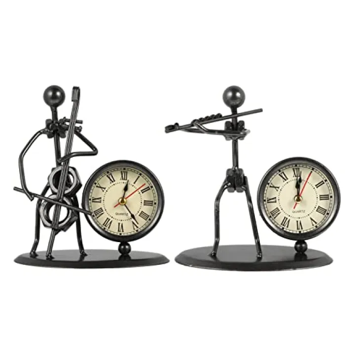TOPPERFUN 2pcs Clock Shape Desktop Ornament Creative Iron Crafts for Home and Office Decor Elegant Music Band Design Iron Material Silent Functionality