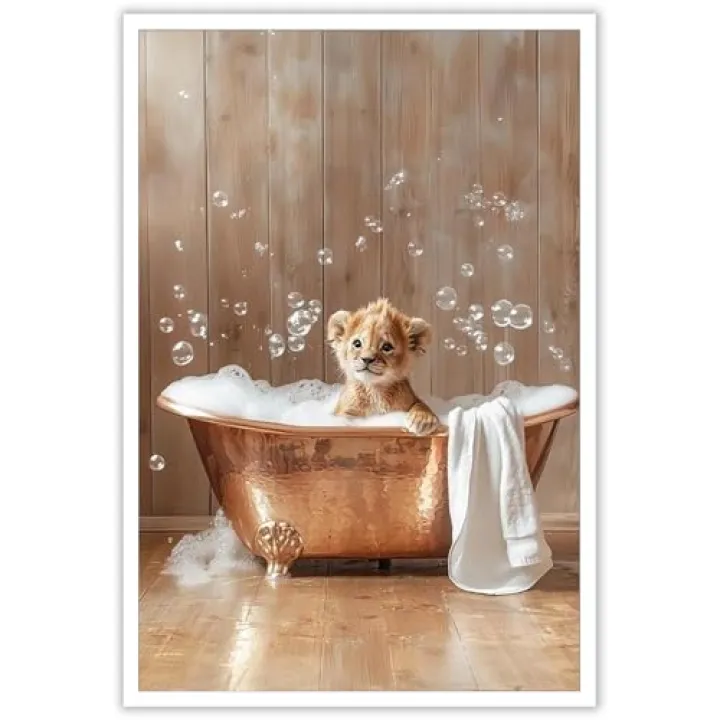 Cute little lion in bathtub bathing decoration canvas painting poster bathroom wall art suitable for home bedroom bathroom dorm wall decoration 12x16in Unframed