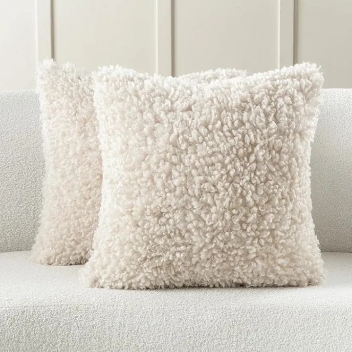 FUTEI Beige Decorative Throw Pillow Covers 18x18 Inch Set of 2,Soft Fluffy Faux Wool Fur Boucle Textured Cushion Case,Modern Home Decor for Couch Bed Living Room Office