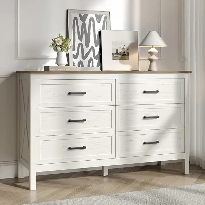 Farmhouse 6 Drawers Dresser for Bedroom, Modern Dresser with Metal Handle, Natural Texture, Wood Rustic Chest of Drawers for Bedroom, Living Room, Hallway and Entryway, Antique White