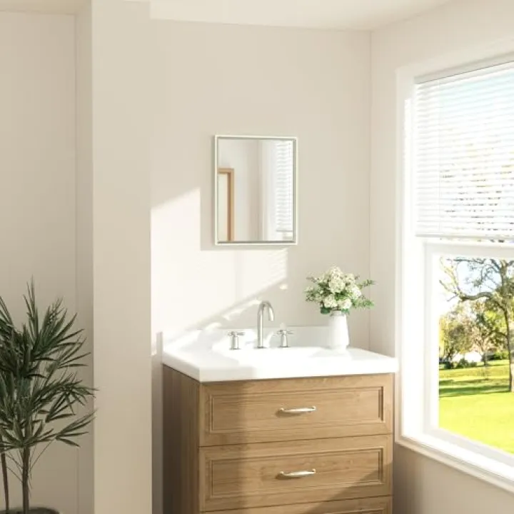TETOTE Brushed Nickel Bathroom Mirror 16" x 20" Rectangle Beveled Frame Bathroom Vanity Mirror for Over Sink Brushed Nickel, Tempered Glass, Stronger Frame, Modern Farmhouse Bedroom, Entryway