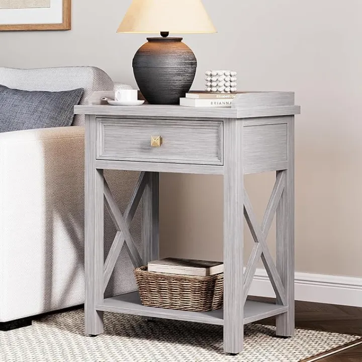 Tall Nightstand with Charging Station, Nightstand with Drawer, Bedside Table with Storage and Shelf, Wood Mid Century Modern Nightstands, Bed Side End Table for Bedroom, Living Room, Grey
